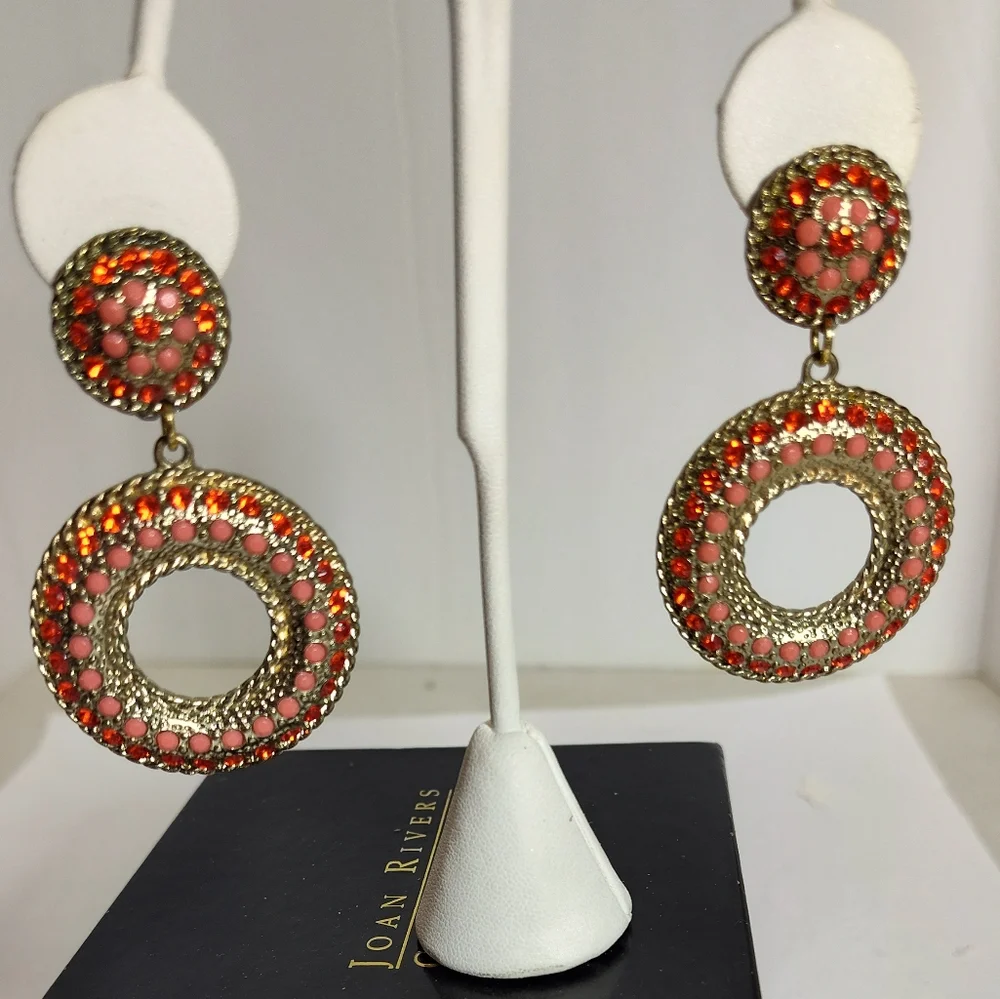 Joan Rivers Gold and Orange Crystal Hoop Earrings NWOT